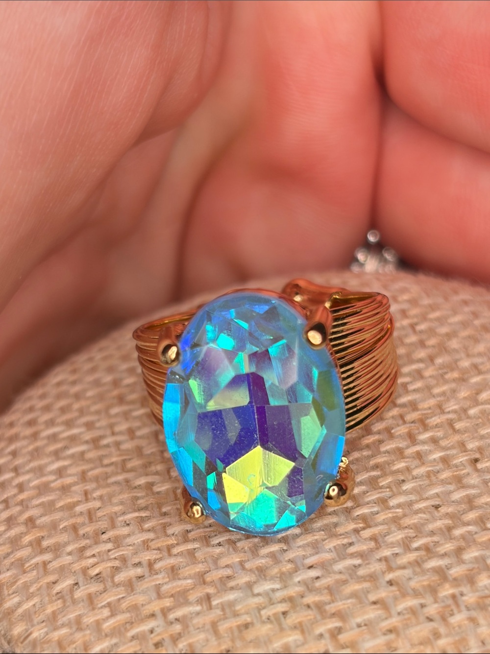 Gold-Tone Ring with Iridescent Blue Oval Crystal